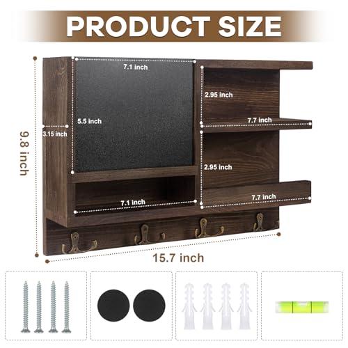 WEWEOW Key Holder for Wall, Mail Organizer Wall Mount with Key Hooks and Chalkboard & Mirror for Sunglasses Storage and Dog Leash Hanger, Decorative with 4 Double Hooks - color: Dark Brown
