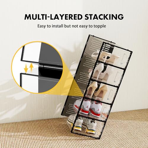 SEE SPRING Shoe Storage Boxes, White Plastic Stackable Shoe Organizer for Closet, Shoe Rack & Holder Sneaker Container, 12 Pack Black