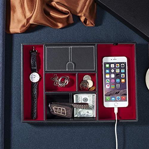 Valet Tray | 6 Compartments | Bedroom Organizer with Charging Station | Perfect for Men and Women | Black PU Leather | Decorative Gift Box | RED … - color: Red