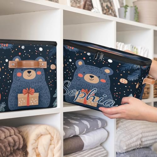 Custom Storage Basket with Name, Personalized Storage Bins with Zipper Lid, Foldable Fabric Storage Box Large capacity with Handle Tree Bear - color: Option 13