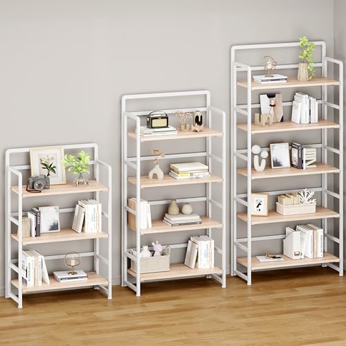 No Assembly Folding Bookshelf, 5 Tiers Collapsible Book Shelf for Home Office, Vintage Wood Foldable Bookcase Storage Organizer for Living Room Bedroom (Beige) - color: Beige, size: 5-tier