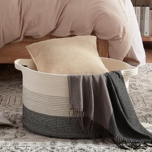 OIAHOMY 90L Blanket Basket for Living Room, Large Basket 23" x 23" x 13" with Handle, Laundry Hamper for Blankets, Pillows, Toy Storage for Kids, Dogs - Black and White - color: Black and White, size: 23" x 23" x 13"
