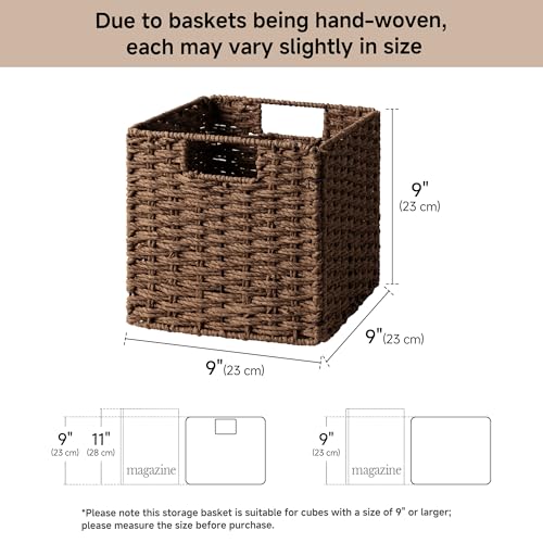 StorageWorks 9 inch Wicker Storage Cubes, Handwoven Wicker Baskets for Storage, Square Cube Organizer Bins, Foldable Paper Rope Basket for Organizing, Brown, 2 Pack - color: Brown, size: 9"L x 9"W x 9"H