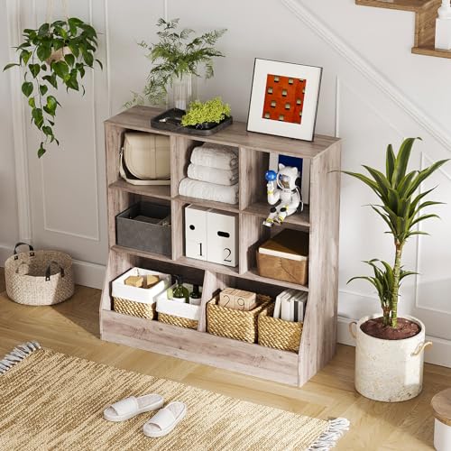 DINZI LVJ Toy Storage Organizer, Kids Bookshelf, Wood Toy Storage Cabinet, 3-Tier 8 Cubby Children Bookcase, 39.4" L Toddler Book Shelf for Playroom, Living Room, Nursery, Hallway, School, Greige - color: Greige, size: 3-Tier 39.4"