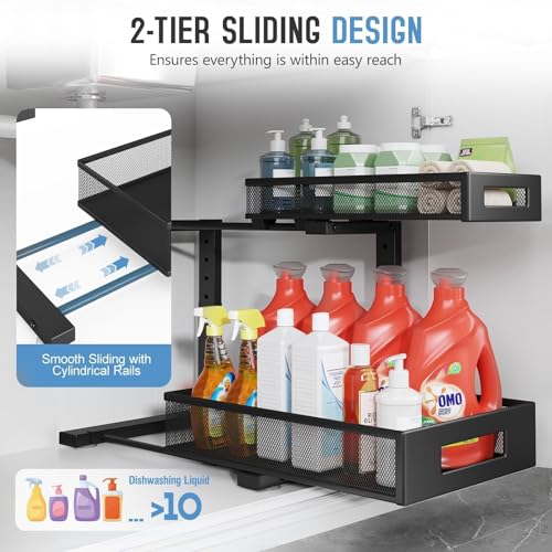 2-Pack Under Sink Storage Organizer, Large 2-Tier Elegant Mesh Pull Out Shelf for Kitchen and Bathroom Cabinet Organization, L-Shaped and Adjustable Height Design,Patent Pending-Black - color: Black, size: 2 Pack-15.74"Dx11.4"-16.14"H