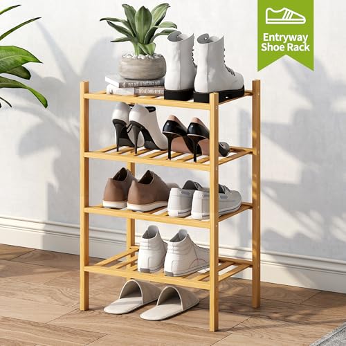 BMOSU 4-Tier Bamboo Small Shoe Rack Premium Stackable Shoe Shelf Storage Organizer for Hallway Closet Living Room Entryway Organizer (Natural Bamboo) - color: Natural Bamboo, size: Small-4-Tier（17*11*25.2inches）