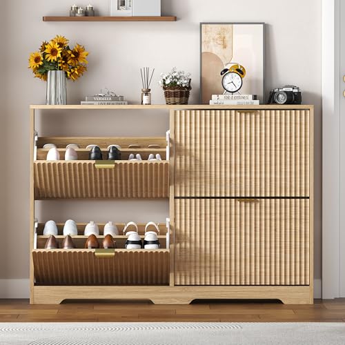 HUANLEGO Shoe Cabinet Storage for Entryway with 4 Flip Drawers, Oak Fluted Shoe Cabinet with Adjustable Shelves, Wooden Hidden Shoes Rack Freestanding Narrow Slim Shoes Storage for Hallway, Entrance - color: Oak, size: 4 Drawer without Bench