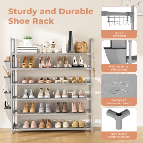 LANTEFUL 6 Tier Shoe Rack Storage for 24-30 Pairs Shoe and Boot, Shoe Organizer with Hook and Side Pocket Free Standing Long Shoe Shelf Tall Shoe Rack Organizer for Closet, Entryway, Dorm, Grey - color: Grey
