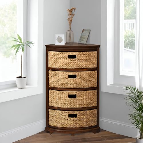 eHemco Hampton Meadows 4 Tier X-Side Corner Table Storage Cabinet with 4 Wicker Baskets, Walnut - color: Walnut, size: 14"D x 14"W x 32.2"H (4 Drawers)