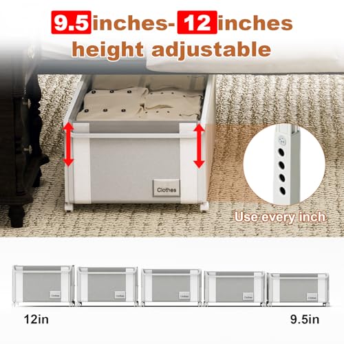 2Pack Under Bed Storage with Wheels,9.5"-12"Tall Adjustable Height Underbed Storage,Deep Under Bed Storage Containers,Rolling Under Bed Clothes Storage,Metal Under Bed Drawers for Shoes,Blankets,Toys - size: Height 9.5"-12"