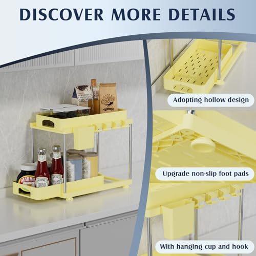 VERIFOST 2 Pack Under Sink Organizers and Storage, Height Adjustable Bathroom Cabinet Organizer, 2 Tier Under Sink Organizer with Hooks, Under Cabinet Organizer for Kitchen Bathroom (Yellow - color: Yellow