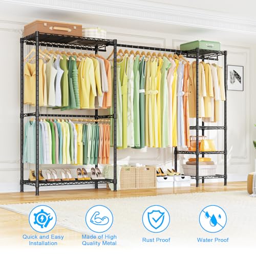 Ulif E10 Clothes Rack（With Stretchable Hanger Rod）Freestanding Clothing Racks for Hanging Clothes，Adjustable Closet Organizer System，Portable Garment Rack 73-97"W x 15" D x 72" H，Max Load 800LBS，Black - color: Black