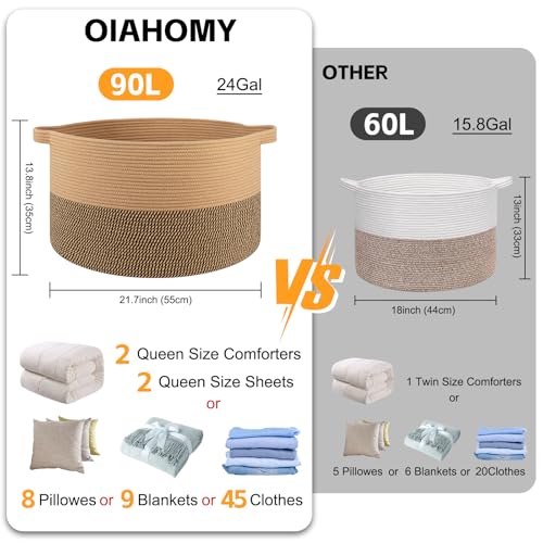 OIAHOMY 90L XXXLarge Blanket Basket for Living Room, 21.7" x 13.8" Woven Cotton Rope Laundry Basket for Organizing Pillows, Decorative Stuffed Animal Toy Storage Bin for Nursery, Jute and Black - color: Jute and Black, size: 21.7"D x 13.8"H