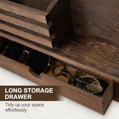Key Holder Wall Mount, Mail Holder with Storage Drawer and 6 Key Hooks for Coat, Dog Leash, Home Decor Rack, House Accessories, Entry Way Organizer - color: Brown, size: Large - 13.8 Inch