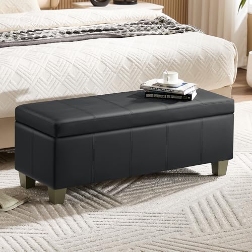 WUTUTUEE 41" Faux Leather Storage Ottoman, Stitch Tufted Rectangle Upholstered End of Bed Storage Bench, Entryway Large Couch Ottoman with Wooden Legs, Dark Black - color: Dark Black, size: 41 Inch