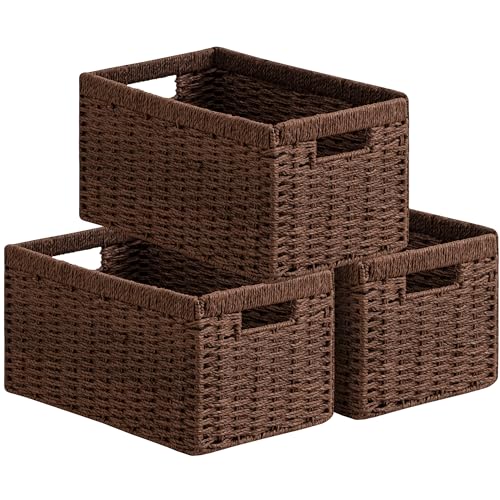 UBBCARE 3 Pack Wicker Basket, 13.4L×8.3H×7.1W inch Woven Paper Rope Storage Baskets for shelves, Foldable Rectangular Storage Baskets with Handle, Storage Basket for Organizing, Dark Brown - color: Dark Brown, size: 3pack Medium
