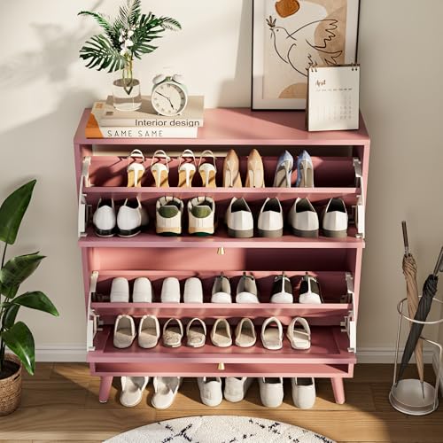 Fsbecl Shoe Storage Cabinet for Entryway with 2 Flip Drawers, Narrow Wood Shoe Cabinet with Fluted Panel, Freestanding Hidden Shoe Organizer for Foyer, Hallway (Pink - with Shelf) - color: Pink - With Shelf
