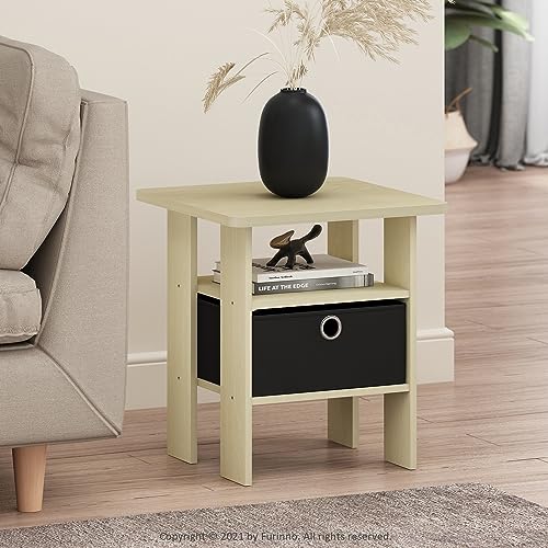 Furinno ANDREY Side Table, End Table, Night Stand with Open Shelves and Storage Bin, Bedside Table, for Living Room, Bedroom, Steam Beech - color: Steam Beech/Black, size: 1-Pack, Center Bin