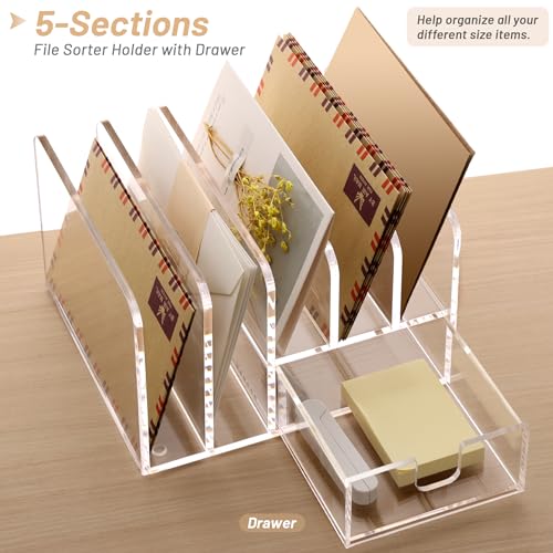 SANRUI Desk Organizers and Accessories, Acrylic Mail Organizer Countertop, 5-Slots File Sorter with Drawer, Desktop Organizer for Office Supplies - style: 5 Sections With Drawer