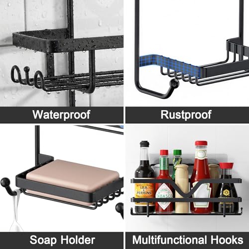 Shower Caddy 3 Pack - Shower Organizer Shelves Rack Rustproof No Drill Self Adhesive Shower Caddies with Soap Dish & Side Hooks for Bathroom Kitchen Storage, Black