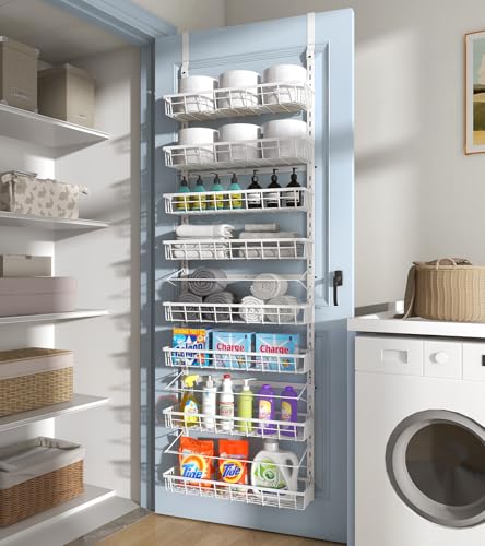 Mefirt Over The Door Pantry Organizer, Wall Mount Spice Rack, Pantry Hanging Storage and Organization, 8 Adjustable Baskets Heavy-Duty Metal for Home & Kitchen, Back of Door Seasoning Rack - White - color: White, size: 8-Tier