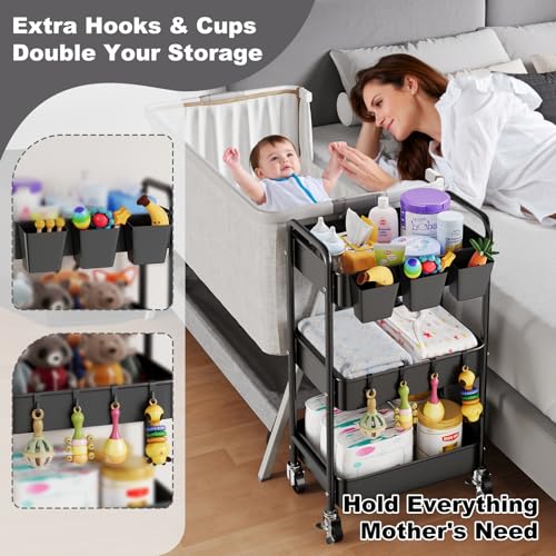 Baby Diaper Caddy Organizer and Storage, 3 Tier Rolling Cart with Wheels for Newborn Nursery Essentials, Baby Organizers for Changing Table, Crib, Bedroom, Movable Bedside Organizatio (Black) - color: Black1, size: 3-Tier + Cups + Hooks