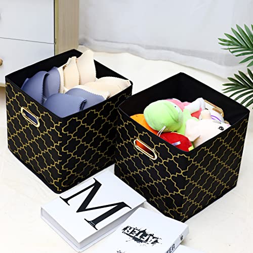 Fabric Cloth Storage Bins,Fabric Cube Organizer with Dual Handles Foldable Cube Storage Baskets for Home Bedroom Storage,Set of 3,(Black Gold) - color: Black Gold, size: 3 Pack