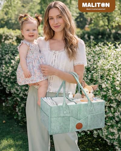 Maliton Baby Diaper Caddy, Nursery Storage Bin & Car Organizer with Handle, Large Felt Bag for Newborn essentials Boy or Girl, Changing Table Organizer for Baby Stuff, 15" x 9" x 7"Baby Shower Basket - color: green, size: Large