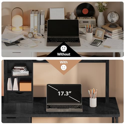 Large Desktop Bookshelf with Sliding Barn Door, 47.2''W Desk Shelf Display Rack, Desktop Organizer Storage Rack with 7 Cubbies and Drawer, Home, Desk Shelf for Office, Dorm, Vanity, Black - color: Black, size: 47.2''W