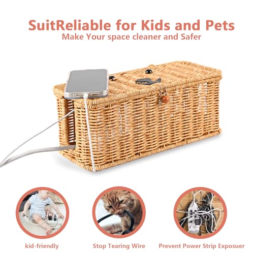 Cord hider box,Imitation rattan cable management organizer storage box with lid 2 open slots extension cord keeper charging basket cover under desk for hide wire cords and power strip-13"L*5.1"W