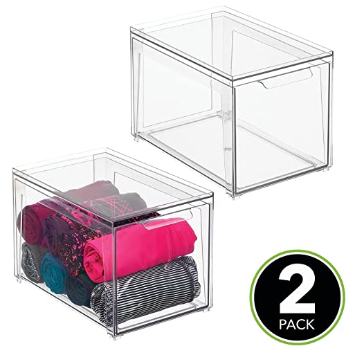 mDesign Plastic Stackable Closet Storage Organizer Bins with Pull Out Drawer for Cabinet, Desk, Shelf, Cupboard, or Dresser Organization - Lumiere Collection - 2 Pack - Clear - size: 8 x 12 x 8 (Pack of 2)