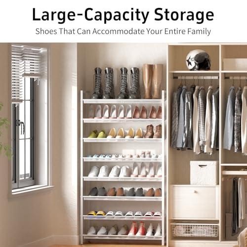8-Tier Shoe Organizer, Tall Metal Shoe Rack for Closet Entryway Garage, Large Capacity Shoe Storage with Adjustable Flat, Holds 32-40 Pairs, White - color: White, size: 8Tier