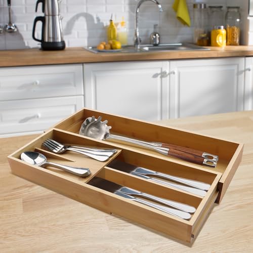 guiogc Expandable Bamboo Kitchen Drawer Organizer - Silverware Organizer - Utensil Holder and Cutlery Tray for Flatware Organizers and Kitchen Utensils - size: 10"Wx16"D (Expandable)