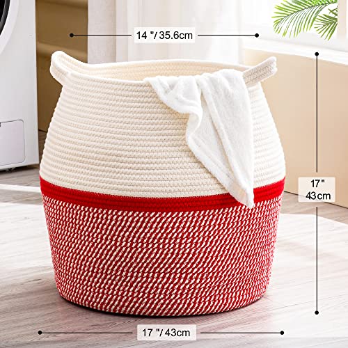KAKAMAY Woven Baskets for Storage(17"x17"),Large Cotton Rope Woven Baby Laundry Hamper,Collapsible Laundry Basket, Blanket Basket for Organizing Living Room,Nursery,Pillows,Toy Chest(Red) - color: Red