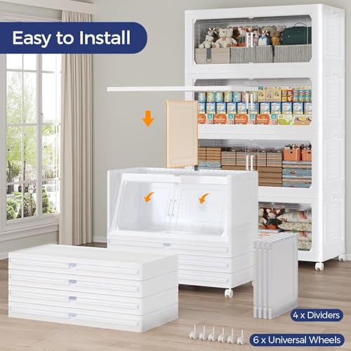 200GAL Storage Bins with Lid and Wheels, Stackable Closet Organizers and Storage Drawer, Collapsible Storage Box with Dividers, Foldable Plastic Cabinets for Room, Kitchen, 5 Pack White - color: White, size: 40Gal-5Pack