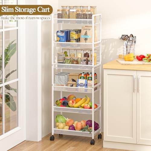 6 Tier Slim Rolling Storage Cart, Narrow Mobile Shelving Unit Organizer Utility Cart with Wheels, Metal Wire Storage Rack with Baskets for Kitchen, Bathroom, Laundry & Living Room, 10in(W) White - color: White, size: 6 Tier(10 inches)