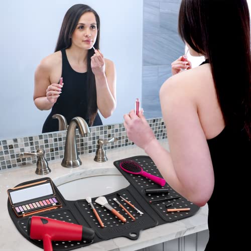 Sink Topper Bathroom Counter Cover & Storage Saver, Foldable Silicone Mat for Hot Tools, Hair Styling & Makeup, Beauty Brush Cleaning Mat, RV Camper Sink Cover & for Small Spaces (Large Black) - color: Black, size: Large