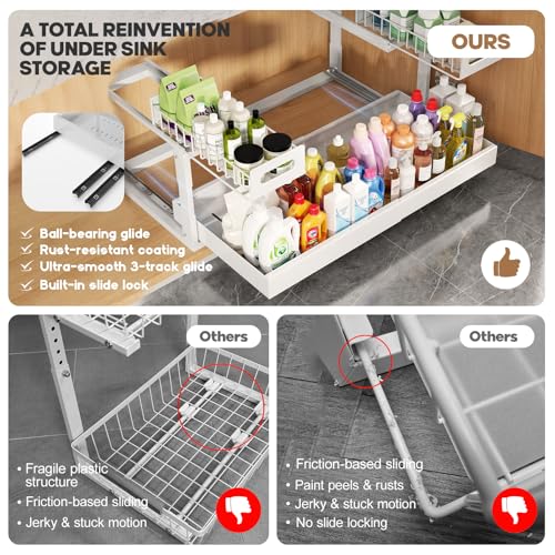 1 Pack-19"-32"W Expandable Under Sink Organizer With Upgrade Ball-Bearing Slide,2-Tier Pull Out Under Cabinet Organizer Height Adjustable,Not Suitable For Cabinets With Partitions In The Middle - color: White, size: 1 Pack-19"-32"W