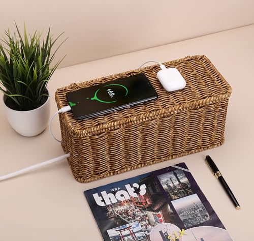 Handmade Cable Management Box, Imitation Rattan Cord Organizer Cord Hider Box, Desk Cord Management Box to Hide Cords and Power Strip L12.5 W5 H5.2 CB2412 Deep Speckled Brown - color: Speckled Brown, size: 1 Pack (M)