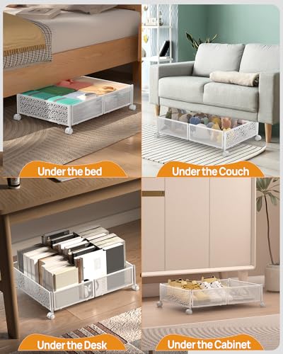 Under Bed Storage With Wheels, 4 Pack Foldable Pattern Carved Metal Under Bed Storage Containers, 60L Rolling Underbed Storage, Easy Assembly Under The Bed Storage for Shoes, Blankets... - color: White, size: 4 Pack