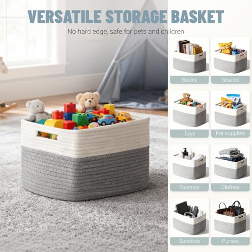 5 Pack Woven Storage Baskets for Shelves, Decorative Basket Closet Organizer Storage Bins for Clothes, Books, Pantry, Bathroom – Cotton Rope Shelf Baskets for Organizing and Decor, Gray & White - color: Gray & White