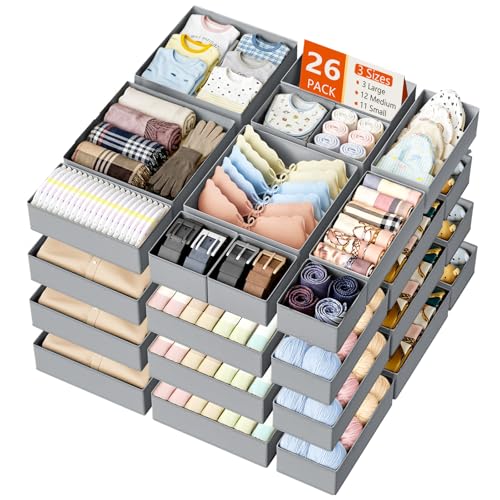 DIMJ Drawer Organizer Clothes Storage - 26 Pack Baby Dresser Organizer for Nursery, Foldable Closet Drawer Organizer Bins for Bedroom Organization, Fabric Storage Dividers for Socks, Underwears, Bras - color: Gray, size: 26 Pack