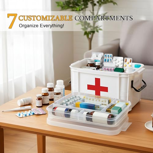 15QT Clear Medicine Organizer Box with Handle, Plastic Medicine Container with Tray First Aid Box Empty, Thickened Medicine Storage Organizer Multipurpose Medication Organizer Storage, White - color: White
