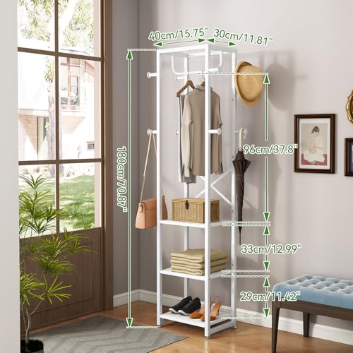 IBUYKE Coat Rack with Shelves, Freestanding Hall Tree with 3 Shelves and 8 Hooks, Industrial Clothes Stand for Entryway, Hallway, Bedroom, White UTMJ088W - color: White