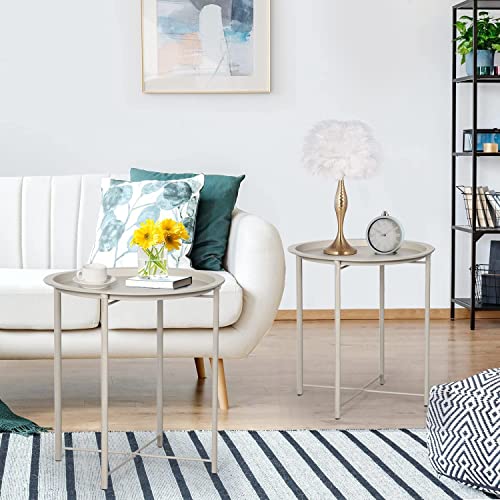 VECELO Side/End Table, Folding Round Metal Anti-Rust and Waterproof Outdoor or Indoor Tray for Living Room Bedroom Balcony and Office, 2 PCS, Grey - color: Grey, size: 2 PCS