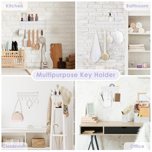 VIS'V Key Holder Wall Mount, Compact Adhesive Key Rack with Tray, 6 Hooks, 2 Mount Options, White - color: White