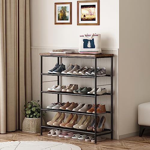 INGIORDAR Shoe Rack Organizer 5 Tier Metal Organizer Shelf with Industrial MDF Board and Layer Fabric for Entryway Closet Bedroom Living Room Garage,Black & Rustic Brown (Black+Rustic Brown, 5 Tier) - color: Black+rustic Brown, size: 5 Tier