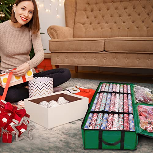 ProPik Wrapping Paper Storage Containers | Gift Wrap Organizer Under Bed 41”x14”x6” Fits 18-24 Rolls Fit Up to 40” Long Roll Wrap Storage Box Holder with Pockets for Ribbon Bows Etc (Green) - color: Green