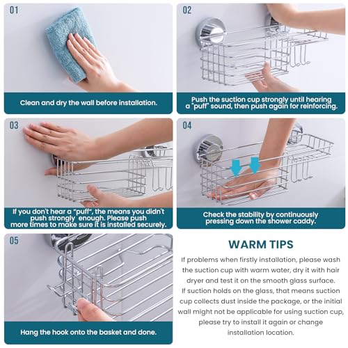 TAILI Shower Caddy Suction Cup 2 Pack with Hooks and Soap Holder, Heavy Duty Shower Organizer for Bathroom, No Drilling Silver Bathroom Suction Shelves-Silver - style: 2 × Silver