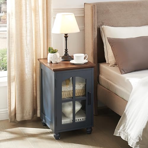 Narrow Side Table Set of 2,Farmhouse Nightstand with Charging Station,End Table with Glass Barn Door Storage, Cabinet Organizer with Adjustable Shelf, Night Stand for Small Spaces Living Room Bedroom - color: Blue, size: Set 2